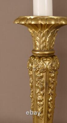 Pair of Chiseled Bronze Candlesticks with Flowers, Restoration Period, 19th Century