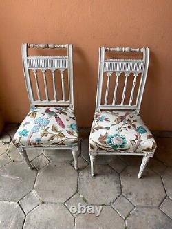 Pair of Directoire Chairs, 19th Century, Cerused Wood and Chintz Fabric with Bird Decor