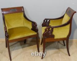 Pair of Empire Style Mahogany Swan Armchairs, Late 19th Century