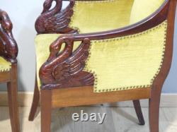 Pair of Empire Style Mahogany Swan Armchairs, Late 19th Century