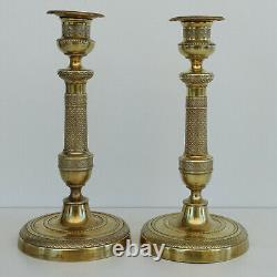 Pair of Gilt Bronze and Guilloché 1st Empire Period Candlesticks 19th Century
