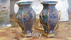 Pair of Japanese Bronze Cloisonné Vases with Crane Decoration, 19th Century