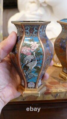 Pair of Japanese Bronze Cloisonné Vases with Crane Decoration, 19th Century