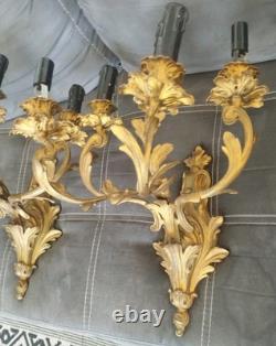 Pair of Large Louis XV Style Five-Light Wall Sconces in Gilded Bronze, Napoleon III Era