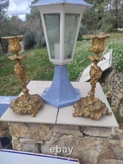 Pair of Louis XV Rocaille Style Gilded Bronze Candlesticks, 19th Century