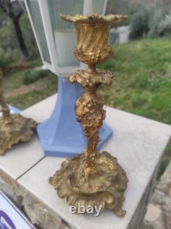 Pair of Louis XV Rocaille Style Gilded Bronze Candlesticks, 19th Century