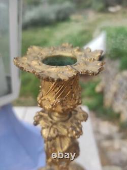 Pair of Louis XV Rocaille Style Gilded Bronze Candlesticks, 19th Century