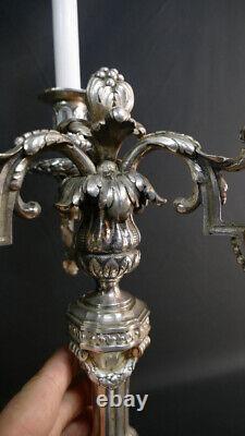 Pair of Louis XVI Silvered Bronze Candle Holders, 19th Century