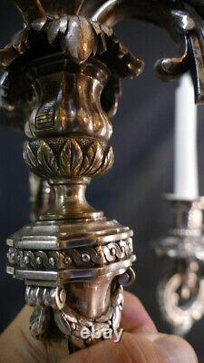 Pair of Louis XVI Silvered Bronze Candle Holders, 19th Century