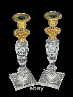 Pair of Restoration Period 19th Century Crystal and Gilt Bronze Candlesticks 26 cm