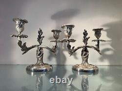 Pair of Silvered Bronze Louis XV Style Candlesticks, Late 19th Century