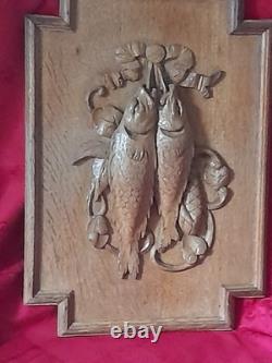 Pair of antique carved wooden doors, hunting and fishing trophy, 19th century
