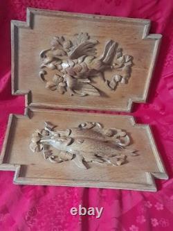 Pair of antique carved wooden doors, hunting and fishing trophy, 19th century