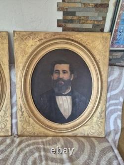 Pair of antique oil paintings, portrait of a distinguished couple, signed, 19th century.