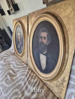 Pair of antique oil paintings, portrait of a distinguished couple, signed, 19th century.