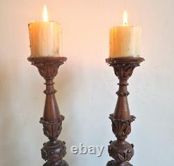 Pair of large candle holders / candlestick holders in sculpted wood, 19th century. 45 cm