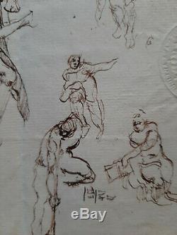 Pen Drawing. Carpeaux. Michelangelo. Pen And Brown Ink. Xixth