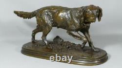 Pj Mene, Spaniel At The Stop, Bronze Animal At Dark Patine, 19th Century