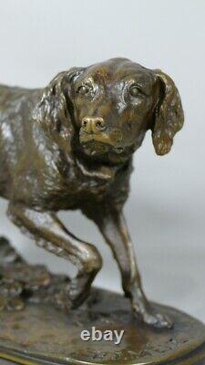 Pj Mene, Spaniel At The Stop, Bronze Animal At Dark Patine, 19th Century