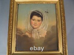 Portrait Jeune Femme Au Foulard Oil Sur Toile Anncienne Epoque XIX Secle