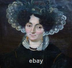 Portrait Of Femme À La Coiffe D'epoque Charles X 19th Century Oil/toile