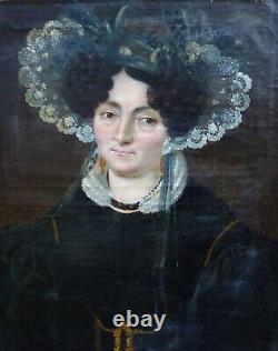 Portrait Of Femme À La Coiffe D'epoque Charles X 19th Century Oil/toile