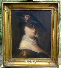 Portrait Of Woman In The Hat Era Louis XV French School Of The 19th Hst