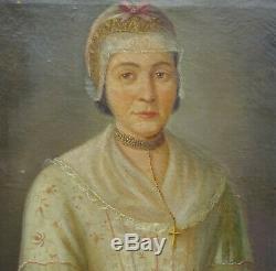 Portrait Of Woman With Cap Nineteenth Century Vintage Oil On Canvas