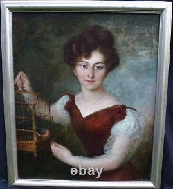 Portrait Of Young Woman At The Bird Age Charles X 19th Century Oil/toile