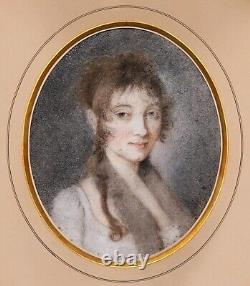 Portrait of a young woman or girl in oval pastel from the Restoration Empire era of the 19th century