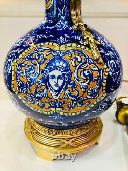 Rare And Beautiful Lamp In Fine Earthenware Of Gien Decorated Blue And White. 19th Century