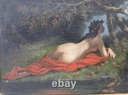 Rare oil nude reclining in a forest, looking at a pair of birds, 19th century