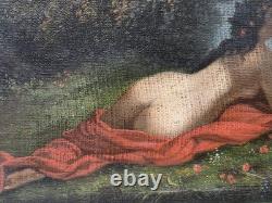 Rare oil nude reclining in a forest, looking at a pair of birds, 19th century