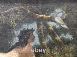 Rare oil nude reclining in a forest, looking at a pair of birds, 19th century