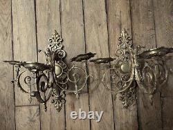 Renaissance Pair of 3-Light Wall Sconces with Period Gilded Bronze Base