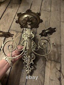 Renaissance Pair of 3-Light Wall Sconces with Period Gilded Bronze Base