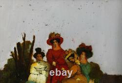 Reverse glass painting, 19th century, Victorian era, women with hats, romantic period
