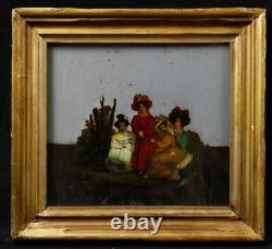 Reverse glass painting, 19th century, Victorian era, women with hats, romantic period