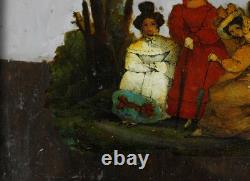 Reverse glass painting, 19th century, Victorian era, women with hats, romantic period