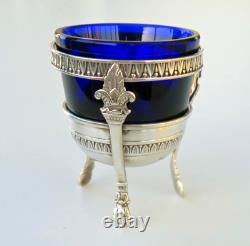 SALERON Solid Silver and Blue Crystal Salt Cellar, Empire Period, 19th Century SALERON Solid Silver and Blue Crystal Salt Cellar, Empire Period, 19th Century