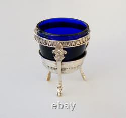 SALERON Solid Silver and Blue Crystal Salt Cellar, Empire Period, 19th Century