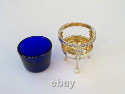 SALERON Solid Silver and Blue Crystal Salt Cellar, Empire Period, 19th Century