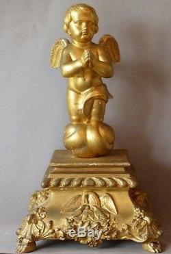 Sculpture Golden Wood, Grand Angel In Prayer Altar Of Base, Time XIX