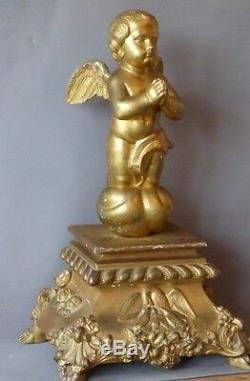 Sculpture Golden Wood, Grand Angel In Prayer Altar Of Base, Time XIX