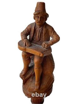 Sculpture The Old Player Character & Musician Wood Sculpted Age XIX