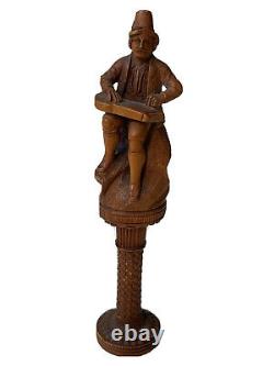 Sculpture The Old Player Character & Musician Wood Sculpted Age XIX