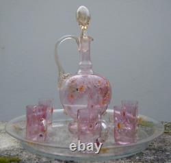 Service liqueur enameled glass floral decor carafe 19th century glasses