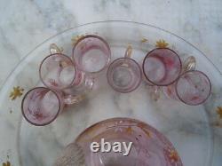 Service liqueur enameled glass floral decor carafe 19th century glasses