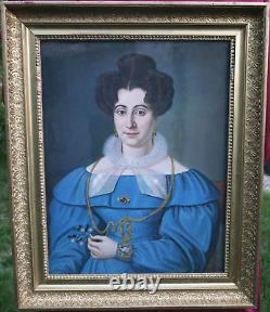 Sheep Large Portrait of a Woman Charles X Period 19th Century Pastel Signed