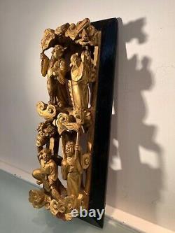 Small Chinese High Relief in Gilded Wood, Late 19th/Early 20th Century